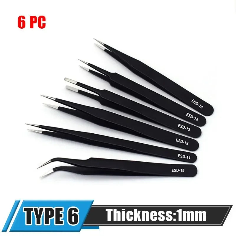 6pcs Precision Long Tweezers Set ESD Anti-Static Stainless SteelTweezers Repair Tools For Electronics Repair Soldering Craft