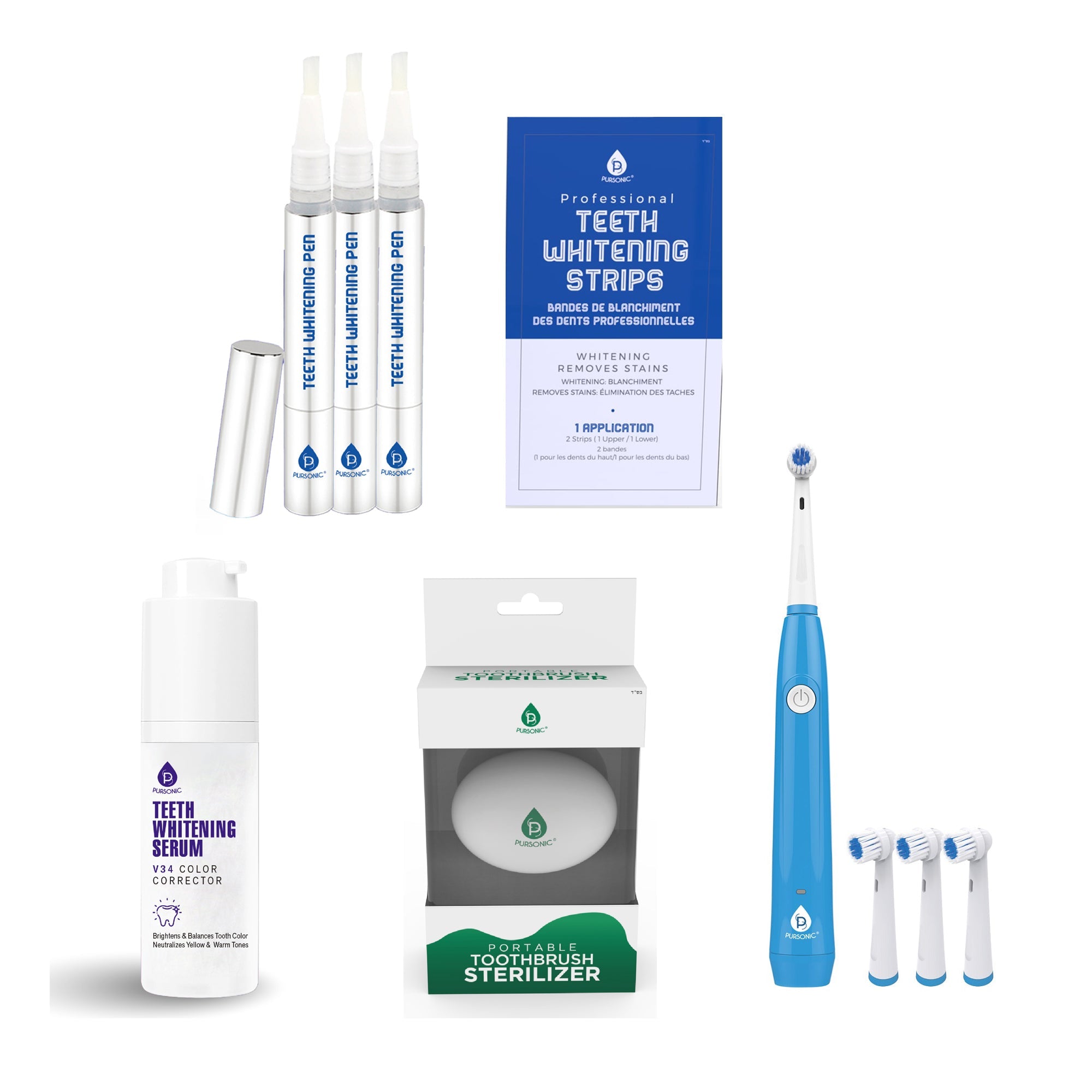 Pursonic Ultimate Smile Brightening Kit: Rotary Electric Toothbrush, UV Sterilizer, V34 Serum, Whitening Strips, & Pens