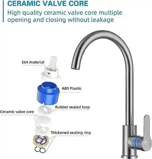 Single-Flow J Bend 360° Hot & Cold Brass Stainless Steel Kitchen Mixer Faucet Silver