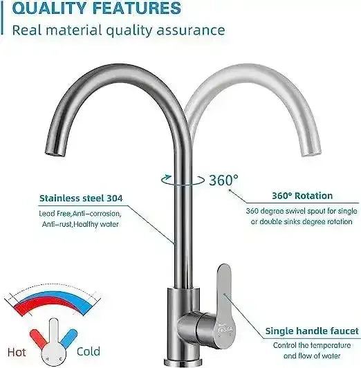 Single-Flow J Bend 360° Hot & Cold Brass Stainless Steel Kitchen Mixer Faucet Silver